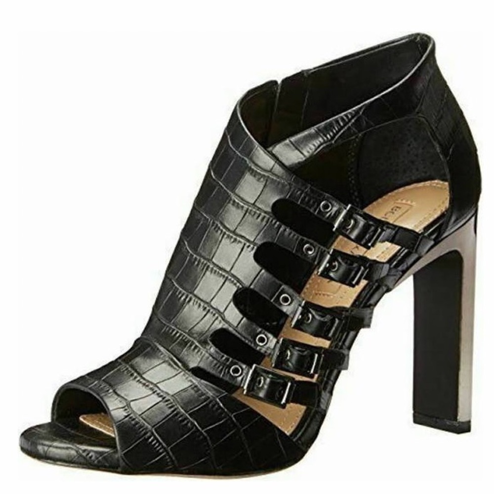 BCBGMAXAZRIA Black Croc Embossed Leather Multi-Buckle Sandal Size 7.5